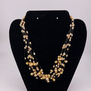 Multi-Strand Floating Gold Tone Baroque Pearl Necklace